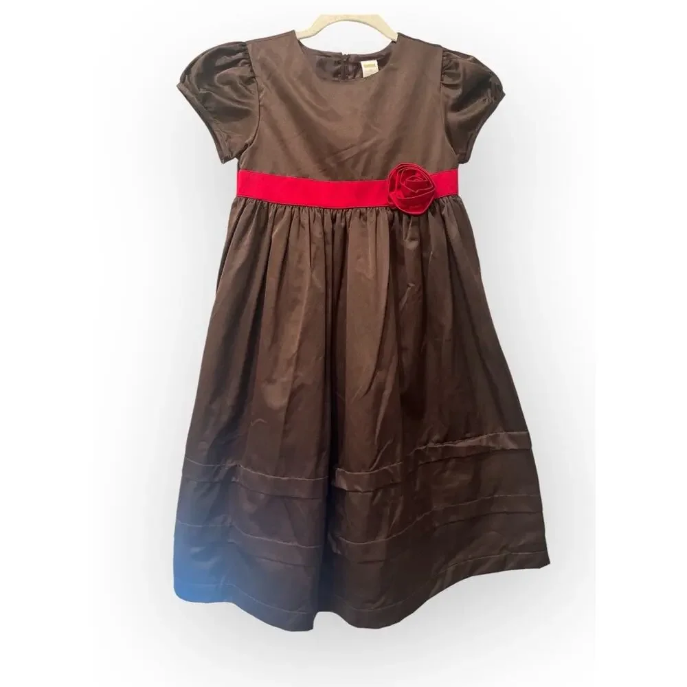 Gymboree Dress Girls Size 10 Brown‎ Satin Puff Sleeve Red Sash Flower Holiday